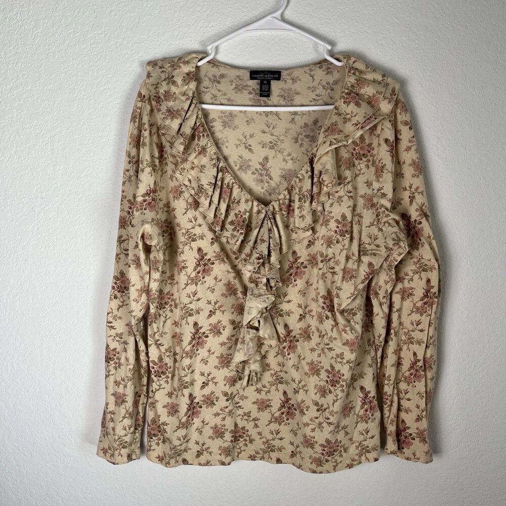 LRL Ralph‎ Lauren Long Sleeve Shirt XL Beige Floral Boho Vintage Ruffle Cottage